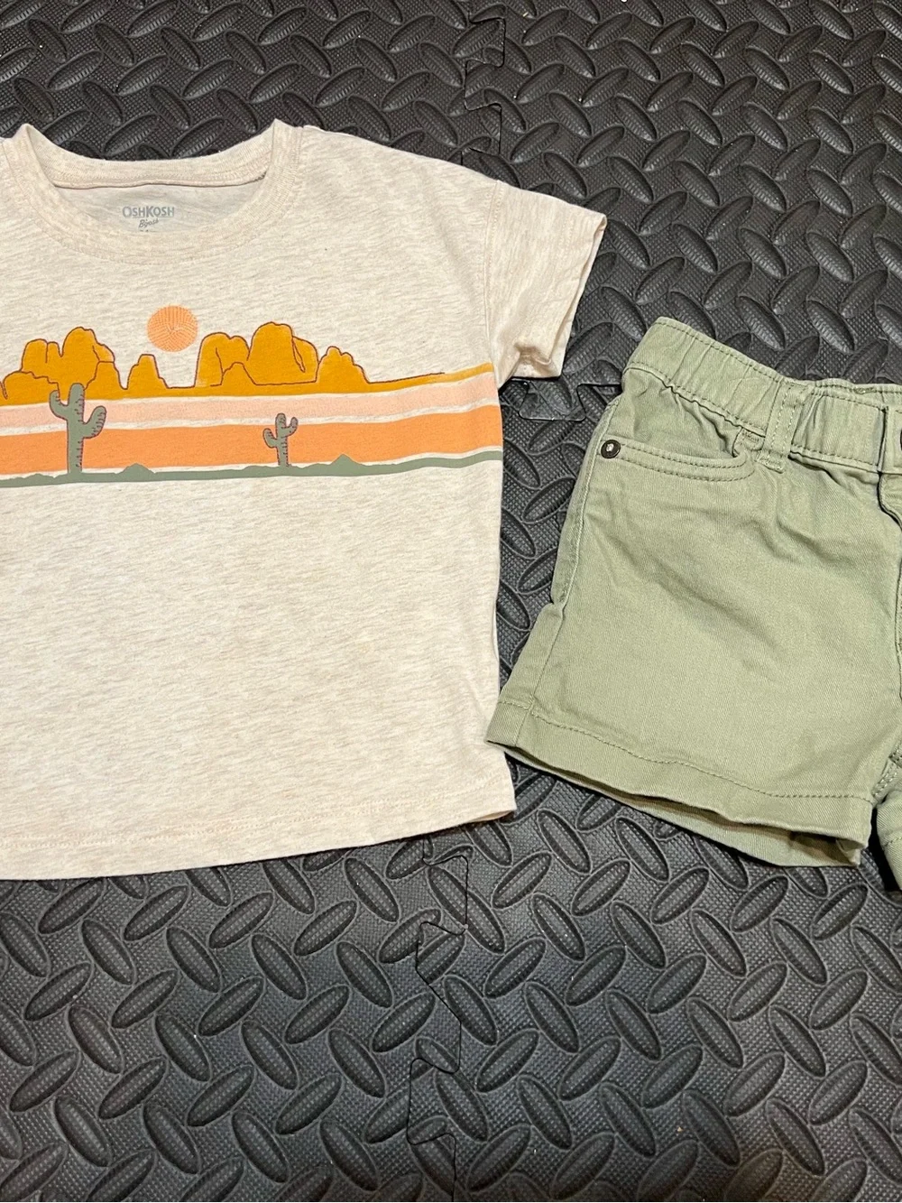 OshKosh B'gosh Cream Tee with Orange Desert Graphic and Olive Green Shorts